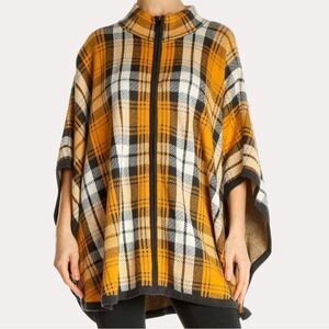 Jones New York Signature Dolman Sleeve Jacket Poncho Plaid Gold S M